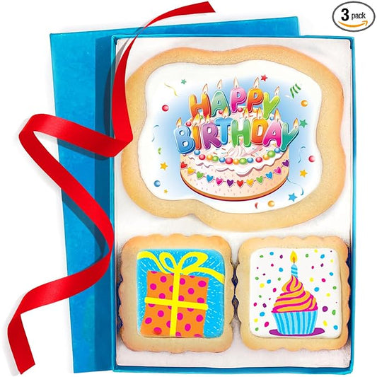 Happy Birthday Cookies Gift Basket For Men, Women, Kids, Boys, Him Decorated Sugar Cookie Gift Box | Nut Free | 3 Pack | Kosher