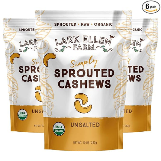 Lark Ellen Farm Unsalted Organic Raw Cashews, Sprouted, Air-Dried, Gluten-Free, Non-GMO, Vegan, Keto, Certified USDA, Peanut-Free Facility, Resealable Bag (10 oz, 6 pack)