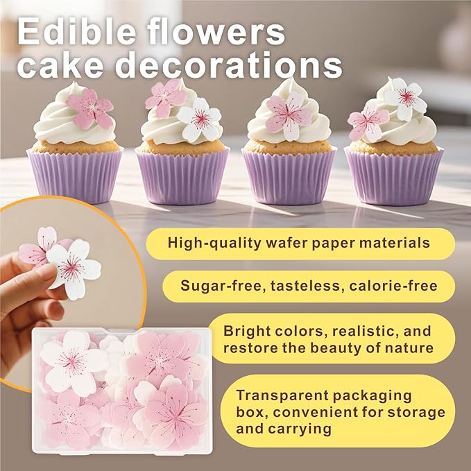 60 Pcs Edible Flowers Cake Decorations, Wafer Paper Pink Cherry Blossoms Flowers Edible Cake Decorations, Flower Cupcake Toppers for Bridal Shower Baby Shower Birthday Party Supplies