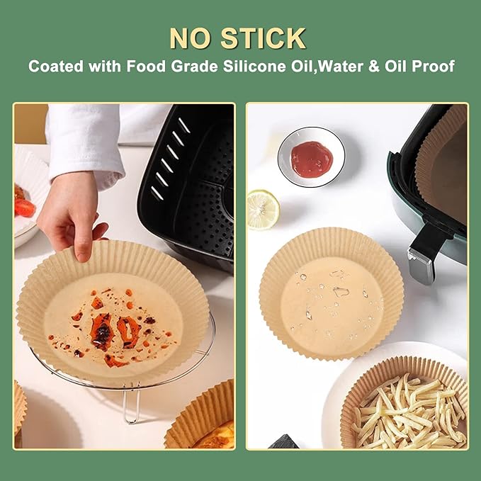 Air Fryer Paper Liner, Unbleached & Biodegradable Material, Disposable Non-stick Parchment Paper for Frying, Baking, Roasting & Grilling (100Pcs-6.3")