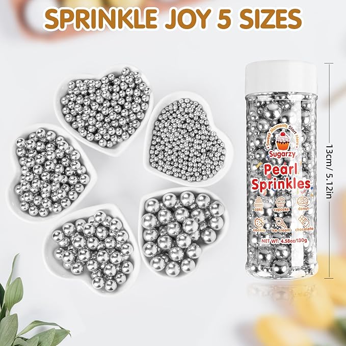 Silver Pearl Sprinkles,Edible Pearl Sugar Sprinkle for Cake Decorating,130g/4.58oz Mix Size,Halloween Baking Edible Cake Decorations,Cupcake Toppers,Cookie Decorating Donuts Ice Cream Toppings,Wedding Birthday Party Valentines Christmas Supplies
