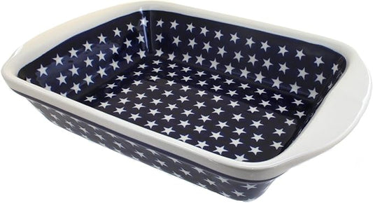 Blue Rose Polish Pottery - Blue Stars Large Rectangular Baker with Handles - 9" x 6.5" - Unique, Dishwasher Safe, & Durable Bakeware
