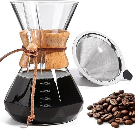 Pour Over Coffee Maker 20 OZ, 6 Cup Borosilicate Glass Drip Coffee Maker with Reusable Stainless Steel Filter and Cork Grip for Home Caf챕 600 ML (Diamond Shape)