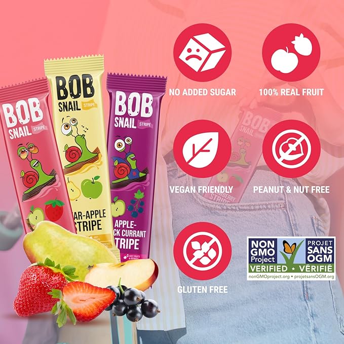 BOB SNAIL Healthy Organic Fruit Snacks for Kids and Adults??0 Organic Fruit Leather Snacks with Apple-Pear, Strawberry, Black Currant?밮egan Low-Carb Variety Pack Strips for Kids?밪ugar Free Jerky Bars