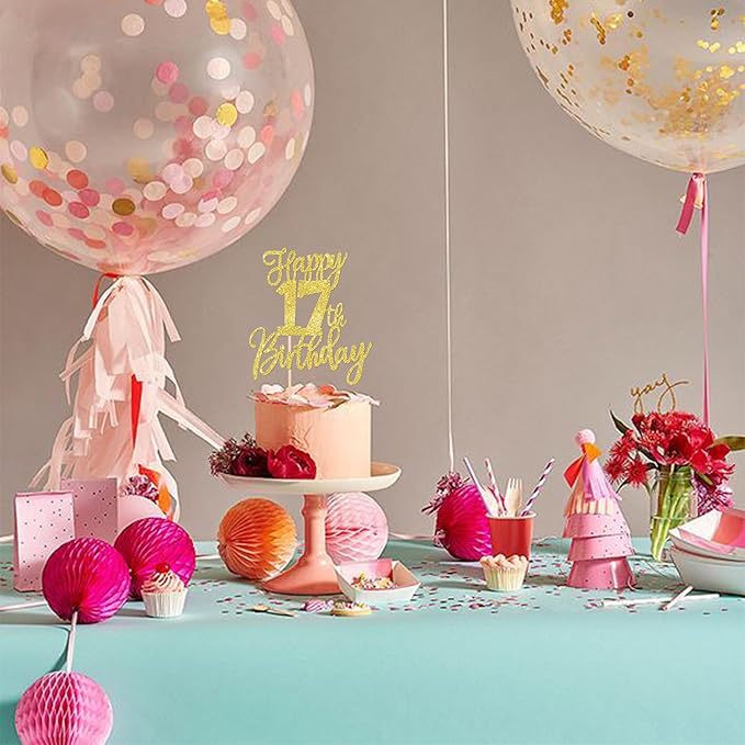 1 PCS Happy 17th Birthday Cake Topper Glitter Cheers to 17 Years Birthday Cake Pick Seventeen Hello 17 Cake Decoration for Happy 17th Birthday Anniversary Theme Party Decorations Supplies Gold