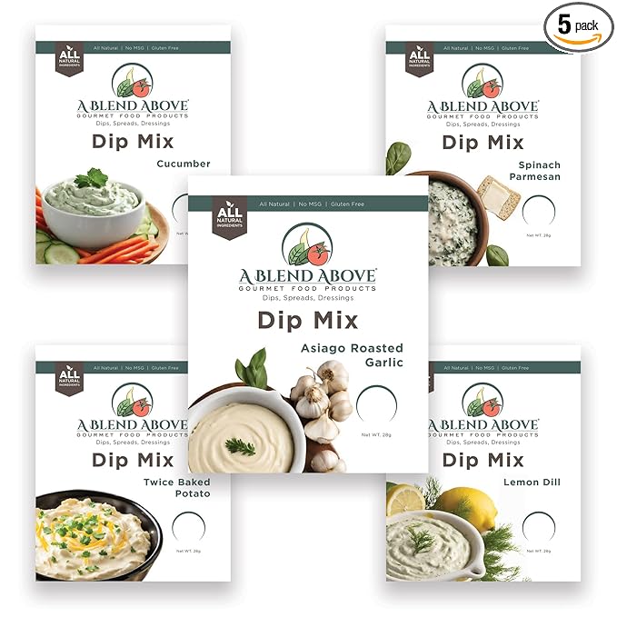 A Blend Above Dip Mix - Cucumber, Lemon Dill, Asiago Roasted Garlic, Spinach Parmesan, and Twice Baked Potato
