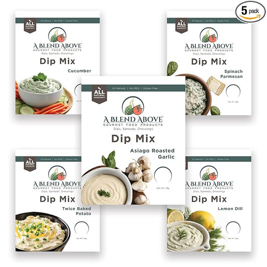 A Blend Above Dip Mix - Cucumber, Lemon Dill, Asiago Roasted Garlic, Spinach Parmesan, and Twice Baked Potato