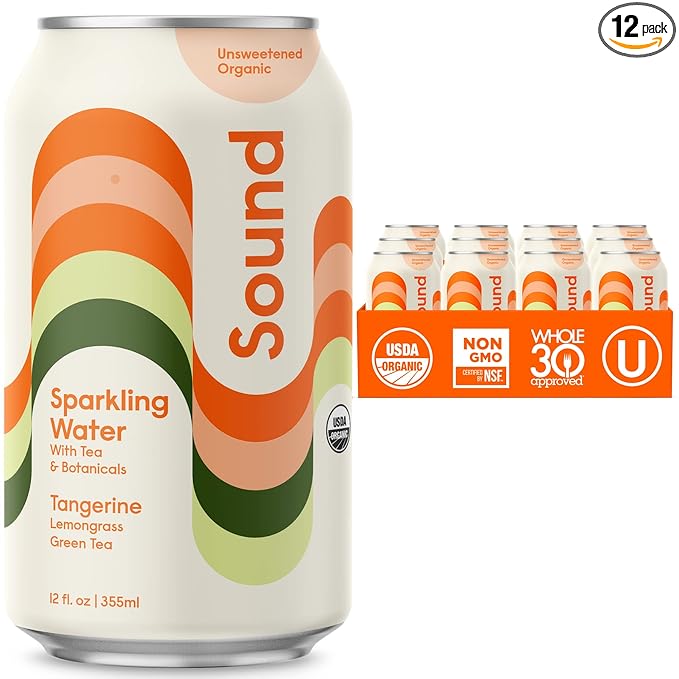 Sound Sparkling Water - Tangerine w/Lemongrass & Green Tea. Organic. Zero Calories. Zero Sugar. Non-GMO. Whole30. Clean Caffeinated Seltzer Water. 12 Fl oz (Pack of 12)
