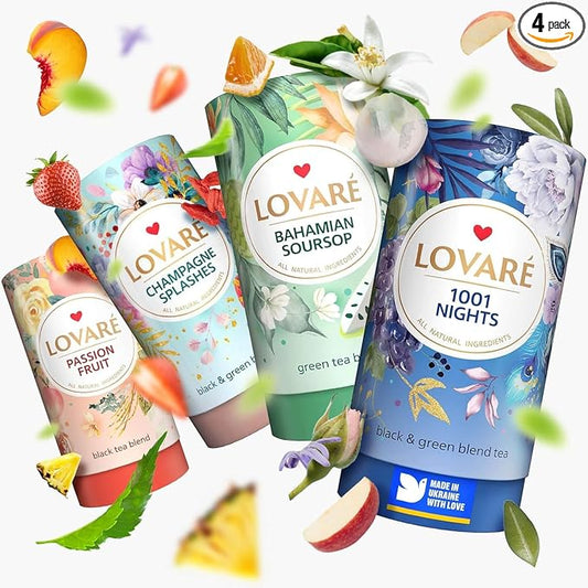 LOVARE Loose Leaf Tea 80 g - Made in Ukraine - Assorted Tea - 1001 Night, Passion Fruit, Sparkling Splashes, Bahamian Soursop - Gift Box with 60 Paper Filters ??Easy to Brew Flavored tea