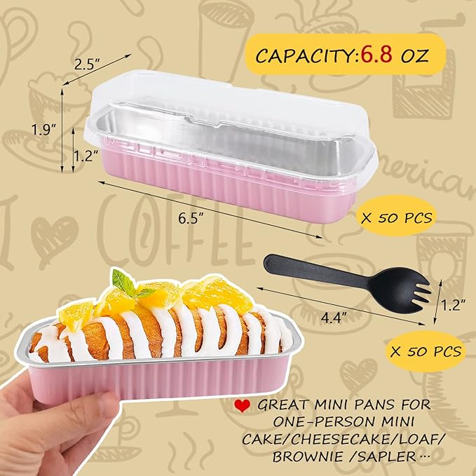 LNYZQUS Mini Loaf Pans With Lids 50 Pack, 6.8oz Rectangle Aluminum Foil Baking Pans Tins Containers,Disposable Ramekins Baking Cups Muffin Tins Cupcake Cups For Mini Cake Bread Loaf -Pink