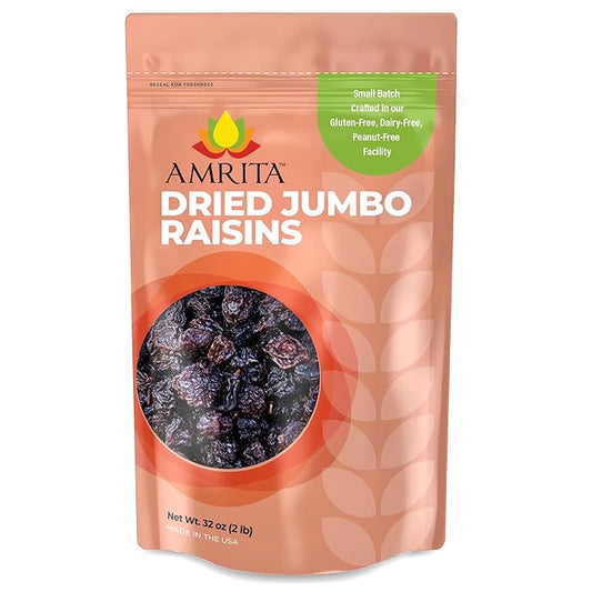 Amrita Dried Jumbo Raisins 2 lb | Naturally Sweet, Gluten-Free Snack | Dried Grapes Packed Fresh in Resealable Bags | Vegan, non-GMO, Allergen Friendly Healthy Snacks | Ideal for Trail Mix