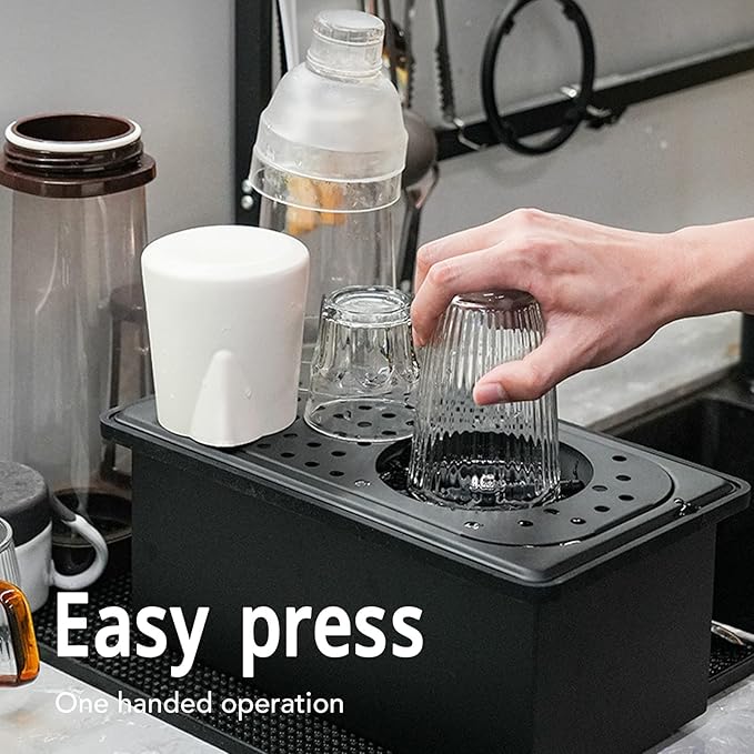Pitcher Rinser, Stainless Steel Kitchen Sink Glass Rinser with Drain and Drip Tray, Countertop Automatic Cup Washer for Bar, Home, Cafe, Restaurant, Household & Commercial (Black) (Large)