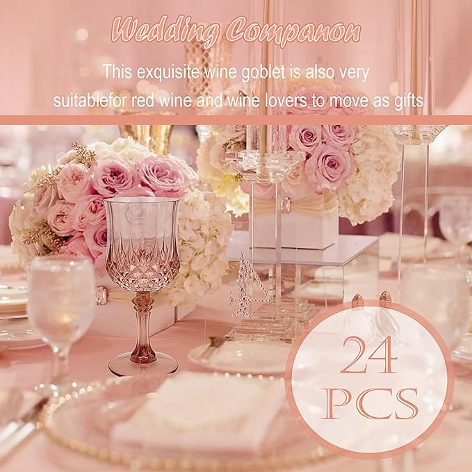 24 PCS Rose Gold Plastic Wine Glasses,Reusable Plastic Wine Glasses,Rose Gold Goblet Glass,Durable and Sturdy Cups Can Be Used for Various Parties Such as Weddings!