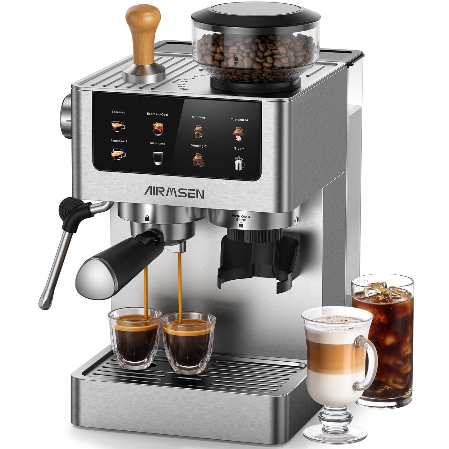 AIRMSEN Espresso Machines with Burr Grinder, 20 Bar, Milk Frother Steam Wand, Stainless Steel