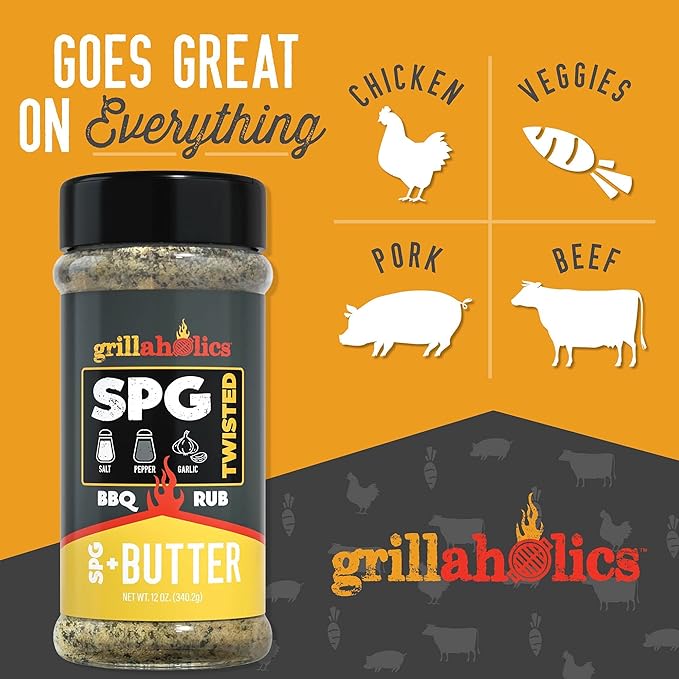 Grillaholics SPG + Butter Seasoning - Premium SPG (salt pepper garlic) BBQ Rub Blended with 100% Real Wisconsin Butter Buds - Perfect Buttery Beef Brisket, Burgers & Steak Seasoning - Made in the USA