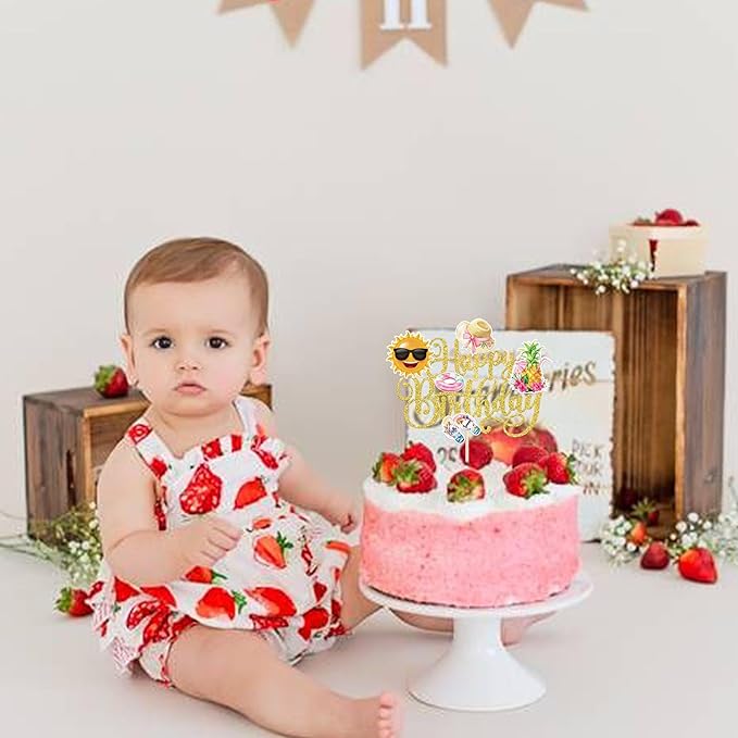 1 PCS Summer Beach Happy Birthday Cake Topper Sun Flip-Flops Pineapple Flatator Hat Cake Pick Pool Party Cake Decorations for Tropical Hawaii Luau Theme Baby Shower Birthday Party Supplies Gold