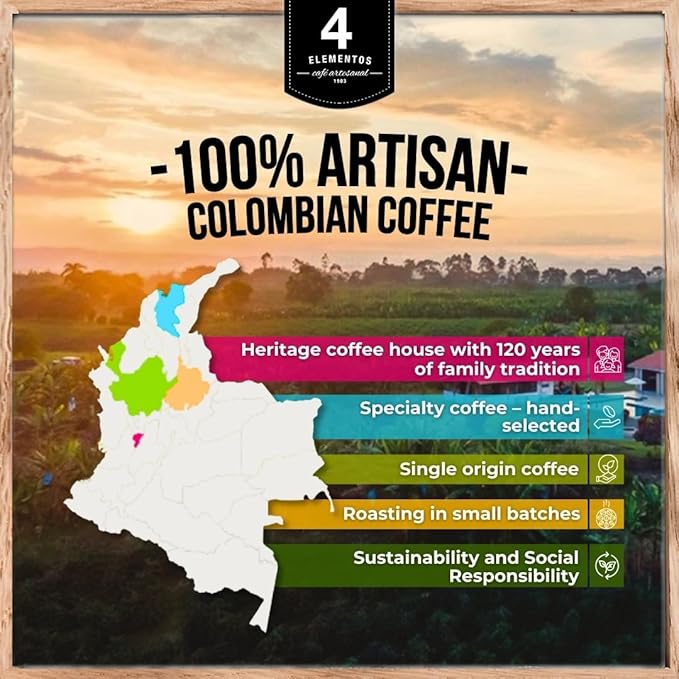 4Elementos | Whole Bean Specialty Coffee, Medium Roast, 100% Organic Arabica from Colombia, Honey, Sweet Chocolate & Brown Sugar Notes, 12oz (Pack of 2)