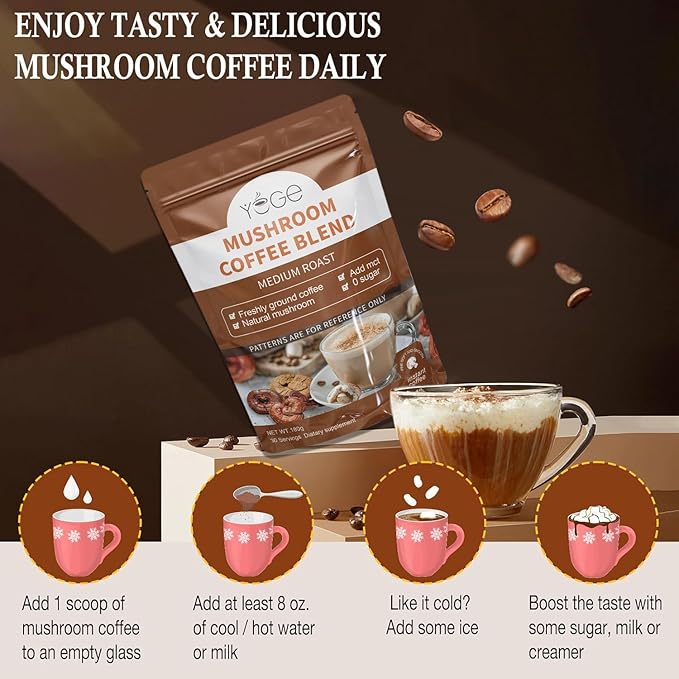 Mushroom Coffee, Organic 6 Mushrooms with Cordyceps, Reish, King Trumpet, Shitake, Turkey Tail, Lions Mane, Instant Coffee Powder for Energy,Focus, Digestion & Immune Support, 30 Servings