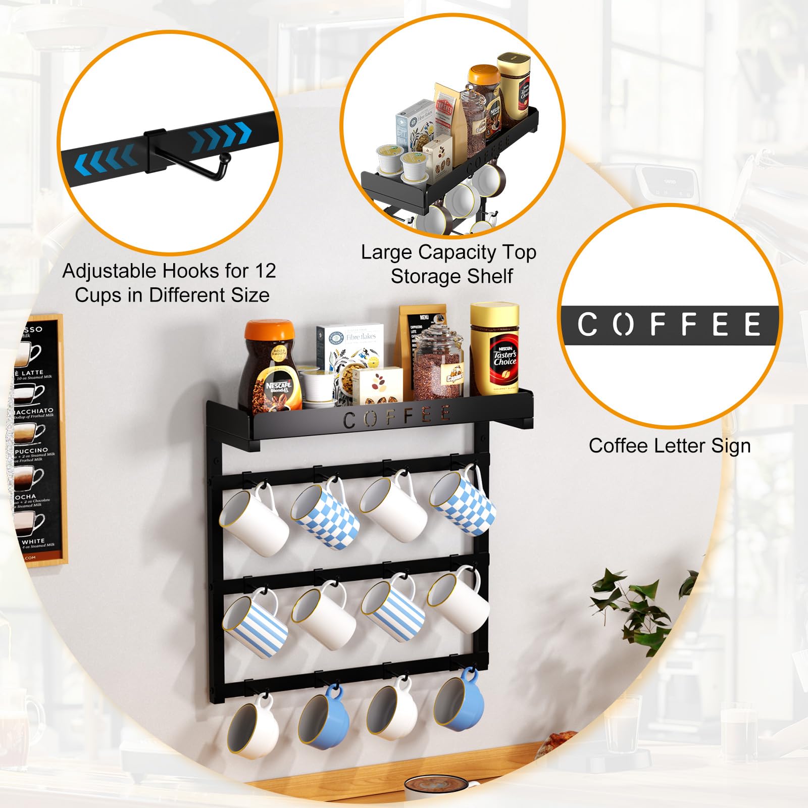 ZDDLOINP Coffee Mug Holder Wall Mounted with 12 Movable Hooks