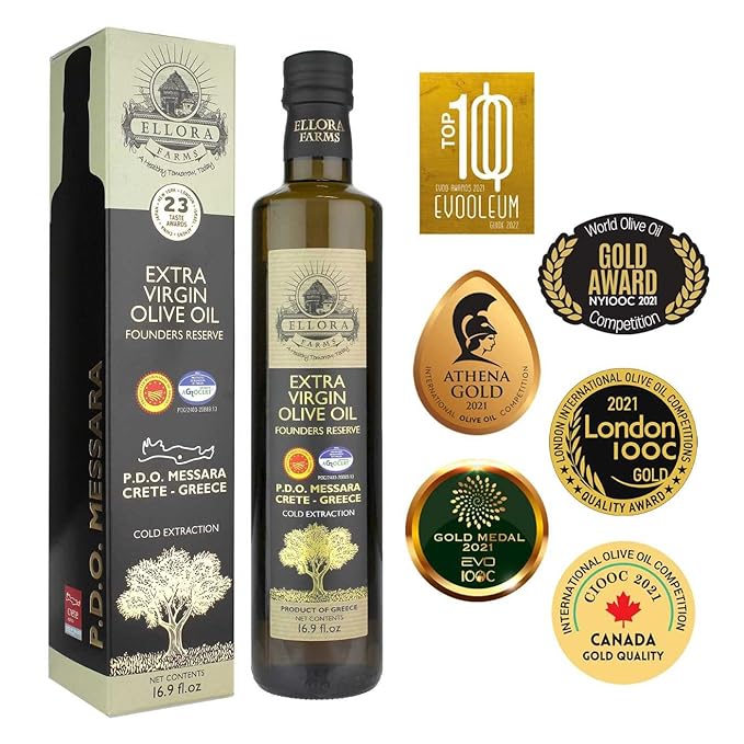 Ellora Farms, Greek Extra Virgin Olive Oil, Single Estate PDO Messara, Greece, Non GMO, cold-pressed, Polyphenol, Glass Bottle, 17 FL oz