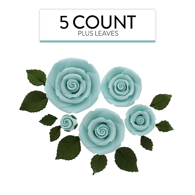 Global Sugar Art Exquisite Rose & Leaf Tray Sugar Cake Flowers, Blue Unwired, 5 Count by Chef Alan Tetreault