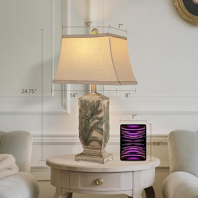 WIHTU 25" Vintage Table Lamps, 3 Color Temperature Rustic Retro Beside Lamp Set of 2, Farmhouse Resin Table Lamp for Living Room Bedroom Nightstands, Rotary Switch, Carved Leaf(2 Bulbs Included)