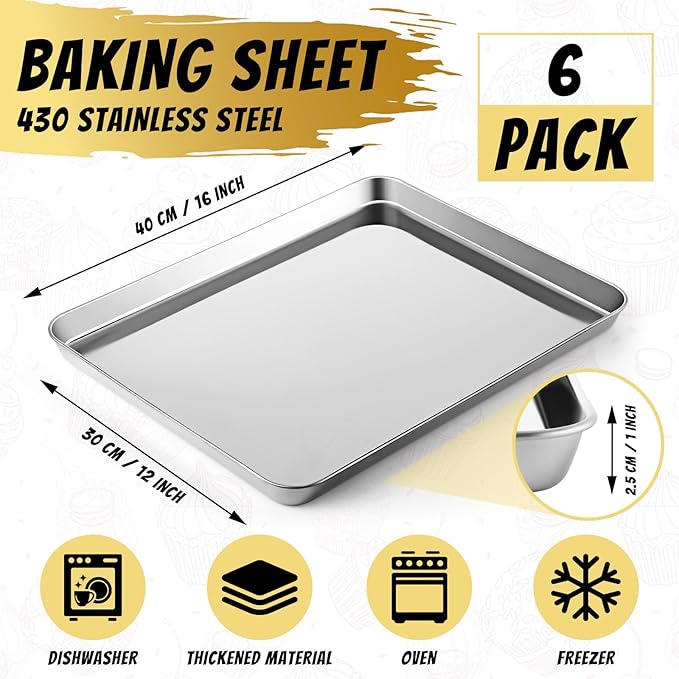 6 Pcs Baking Sheet Set Stainless Steel Cookie Sheet Cookie Baking Pan Bakeware Oven Tray Dishwasher Safe Commercial Grade Pans(16x12x1 Inch)