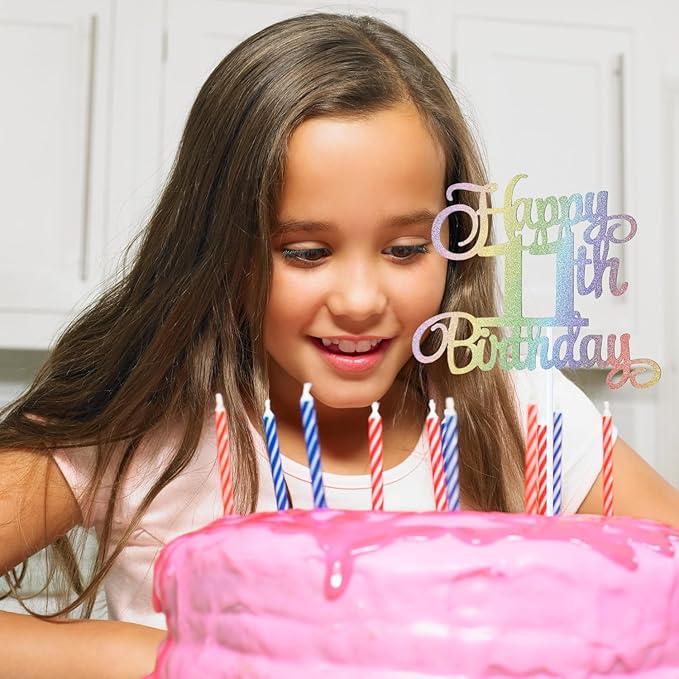 11th Happy Birthday Cake Topper, Glitter Happy 11th Birthday Cake Topper for Birthday Party Cake Decoration(Rainbow Color)