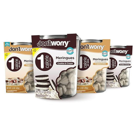 Don't Worry Low Calorie Meringue Cookies - 4 Pack - Capuccino and Cookies & Cream, Just 1 Calorie per Piece | Low Sugar Candy, Gluten Free, Protein Snacks | Keto Friendly and Healthy Snacks for Adults