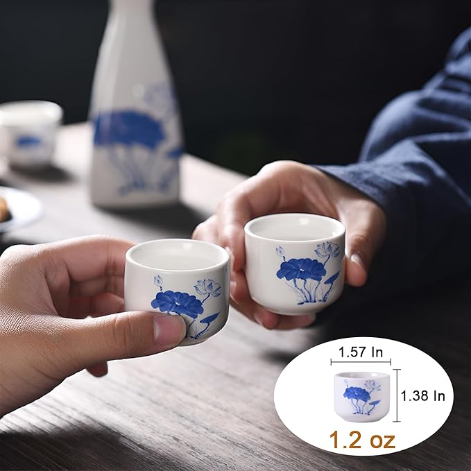 Ceramic Sake Set, Ceramic Soju Set, Japanese Sake Set Traditional, Saki Cup Set with 1 Tokkuri Bottle (5 oz) and 6 Ochoko Cups (1.2 oz), Japanese Glazed, for Hot or Cold Sake