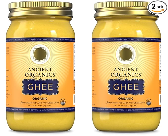 Ancient Organics Ghee, Organic Grass Fed Gluten Free Clarified Ghee Butter with Vitamins & Omegas, Lactose Free, 100% Certified Organic, Kosher, USDA Certified, Made in USA - 16 Fl Oz (Pack of 2)