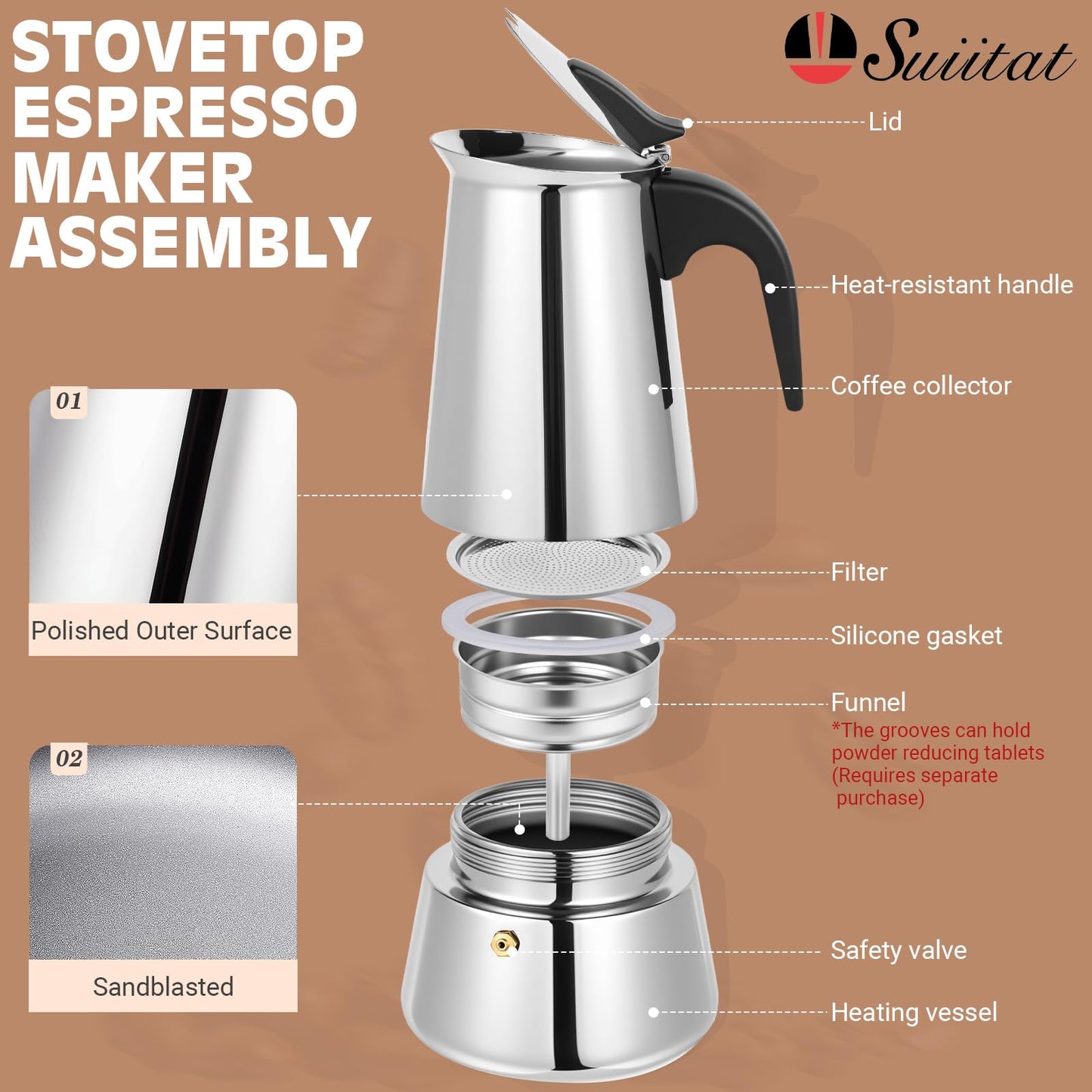 Suiitat 4 Cup Stainless Steel Moka Pot, 200ml Stovetop Espresso Maker, Silver