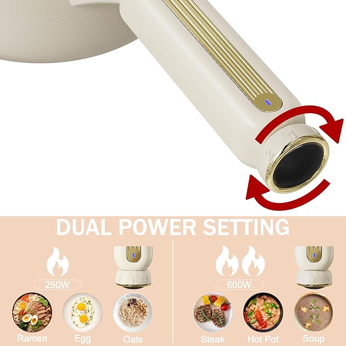 TOPWIT Hot Pot Electric, 2L Multifunctional Electric Pot, Non-Stick Saut챕 Pan, Portable Pot for Steak, Egg, Fried Rice, Ramen, Soup with Dual Power Control (Silicone Spatula Included), Beige
