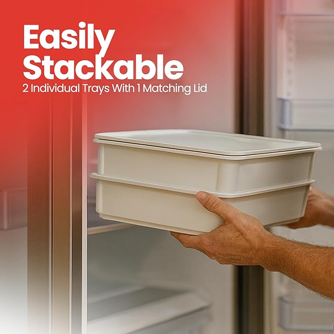 DoughMate® Artisan Kit – 2 Pizza Dough Proofing Trays, 1 Lid, and Dough Scraper – Food Contact Certified, Stackable, Made in USA