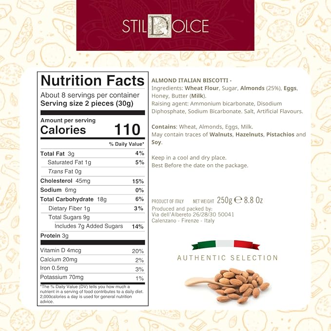 Stildolce Semi-Soft Original Almond Italian Biscotti Cookies | Made in Tuscany, Italy| Classic Gourmet Biscuits No Preservatives 8.8 Oz, Pack of 2