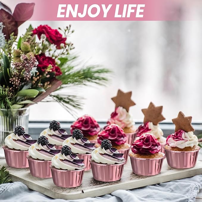 300 Pack Rose Pink Gold Cupcake Cups Bulk Disposable Foil Muffin Liners 3.5 oz Wrappers for Baking Aluminum Paper Mini Metallic Disposable Holiday Party Wedding Festival Supply