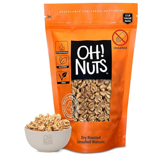 Oh! Nuts Walnuts - Dry Roasted Unsalted - 2 lb - Packed in New York Zip-Seal Bag for Exceptional Freshness
