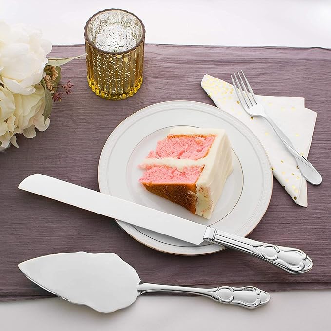 Ella Celebration Cake Knife & Server Set, Silver Wedding Cake Cutting Set, Anniversary Cake Cutter, Vintage Party Supplies (Silver Engravable)