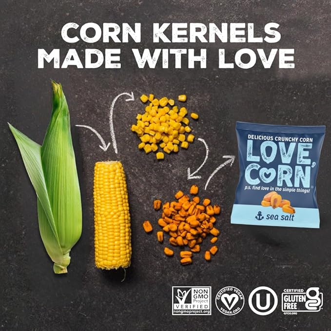 LOVE CORN Sea Salt 0.7oz x 20 Bags - Delicious Crunchy Corn - Healthy Family Snacks - Gluten Free, Kosher, NON-GMO - Alternative for Chips, Nuts, Crackers & Pretzels - Perfect for Charcuterie Boards