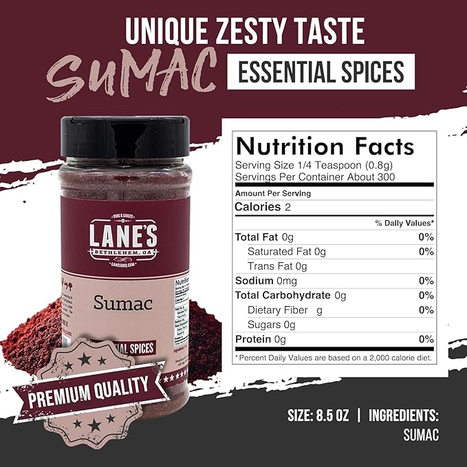 Lane's Sumac Seasoning, All Natural Sumac Spice Powder for Eggplant, Chickpeas & Lentils, Sumac Powder Mediterranean Seasoning, Made in USA, 8.5 Oz