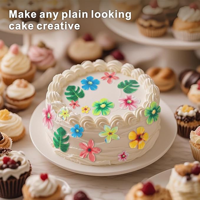 83 Pcs Edible Flowers Cake Decorations, Tropical Cupcake Toppers, Hawaiian Cake Decorations, Tropical Leaves & Edible Flowers for Hawaiian Birthday, Jungle Theme Birthday Party Decoration Supplies