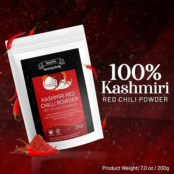 SpiceFix - Kashmiri Red Chilli Powder, Mild to Medium Heat Sun-Dried Indian Red Chili Powder, Natural Ground Vegan Kashmiri Spice in a Resealable Bag, 7 Ounces