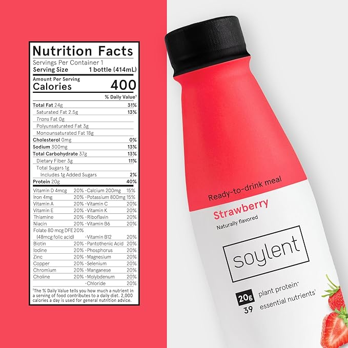 Soylent Strawberry Meal Replacement Shake, Ready-to-Drink Plant Based Protein Drink, Contains 20g