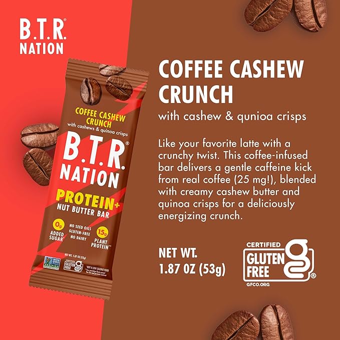 B.T.R. Nation Vegan Keto Plant Based High Protein & High Fiber Bars - Coffee Cashew Crunch Protein+ | 12 Bars | Low Carb & GF, Free of Sugar Alcohols, Dairy, Soy and with Powerful Superfoods!