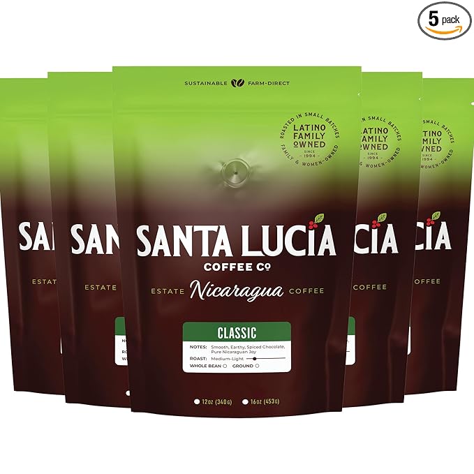 Santa Lucia Coffee - Grand Reserve Classic Medium Roast Nicaraguan Coffee - Medium Roast - 91 Point Specialty Grade - Low Acididity - Bright & Smooth - Strong & Bold Flavor - Whole Bean - 16oz. (Pack of 5)