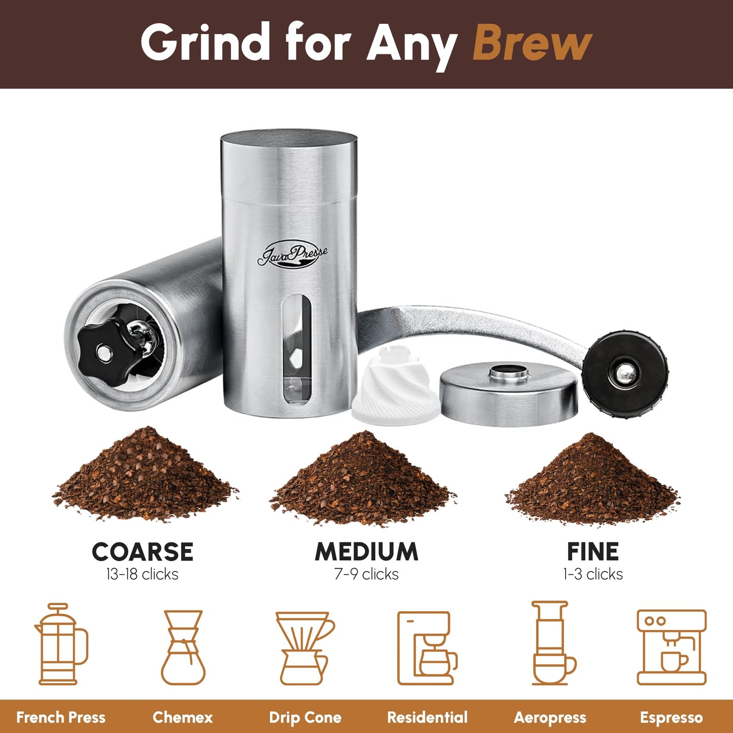 JavaPresse Manual Stainless Steel Coffee Grinder - 18 Adjustable Settings, Portable Conical Burr