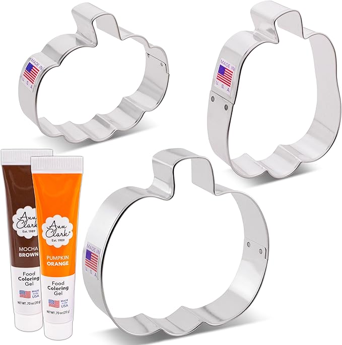 Ann Clark Pumpkin Cookie Cutters and Decorating 5-Pc. Set - Made in USA With Tall Pumpkin, Gourd Shapes, Brown & Orange Food Coloring Gel
