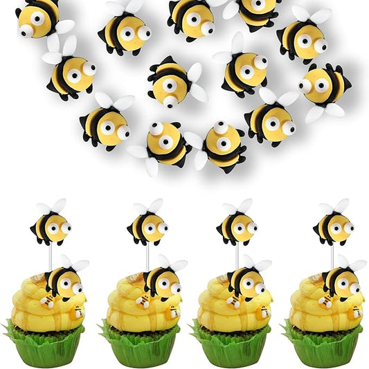 30 PCS Bumble Bee Cupcake Toppers Resin Little Figurine Bee Cupcake Picks Oh Babee Cake Decorations for Bee Theme Baby Shower Kids Boys Girls Birthday Party Decoration Supplies Black