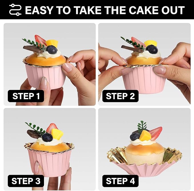 EUSOAR Cupcake Liners, 50pcs 3.5oz Aluminum Foil Wrappers Muffin Cupcake Containers, Disposable Dessert Ramekins Paper Baking Cups Mini Cheesecakes Holders for Birthday Wedding Party-Pink/Gold