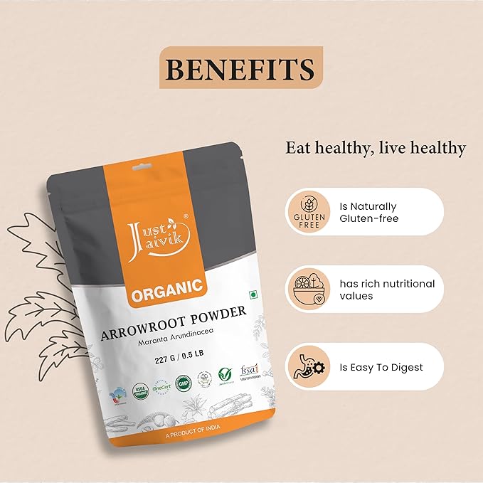 Just Jaivik USDA Certified Organic Arrowroot Powder - Gluten Free, Non GMO, Vegan Friendly, Natural Thickening Agent for Cooking and Baking